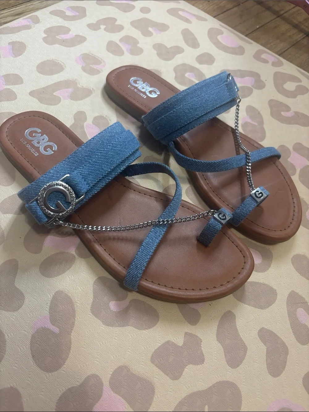 G By Guess Denim-Strap Brown Footbed Sandals - Blue